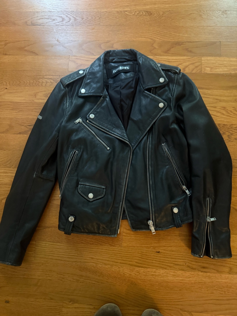 Superdry Black Leather Biker Jacket with Silver Hardware